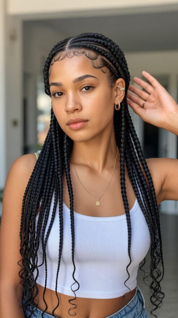 A freestyle Fulani braid with curled ends