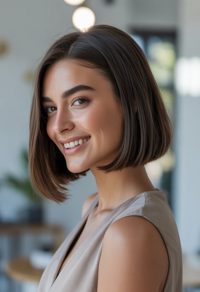 A young woman with a blunt bob haircut smiling softly in a modern indoor setting.