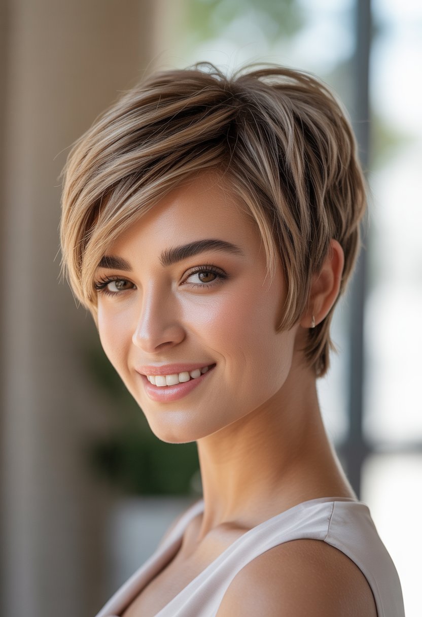 A young woman with a short layered pixie haircut smiling against a blurred neutral background.