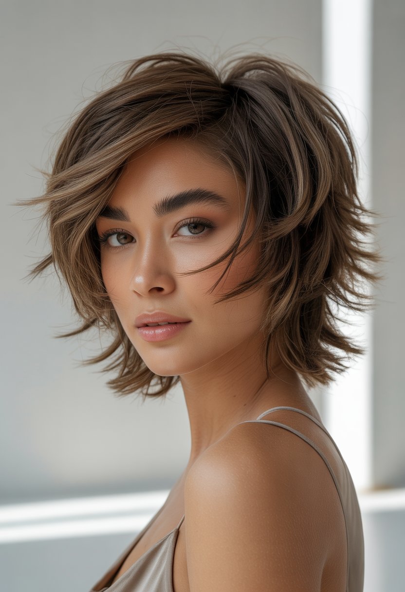 A young woman with a layered, textured haircut posing against a plain background.