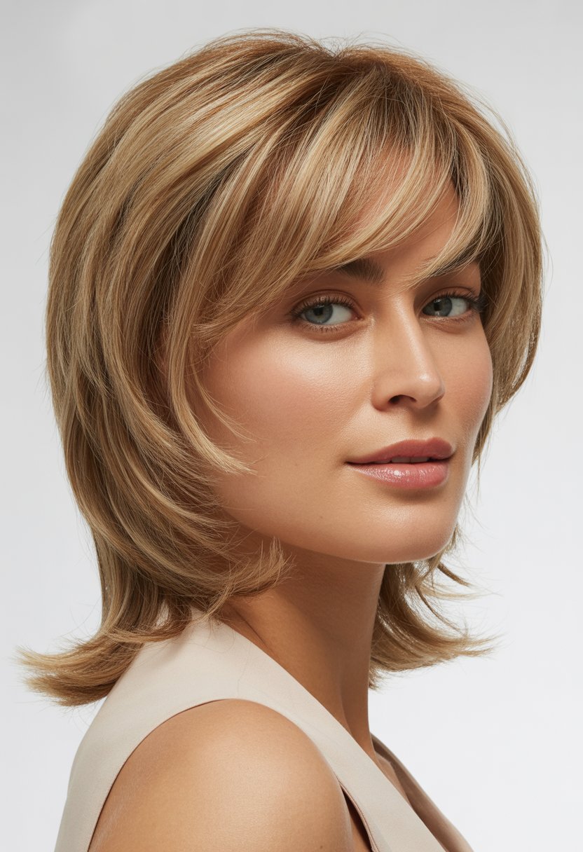 A woman with medium-length hair styled with textured bangs, looking slightly to the side against a plain background.