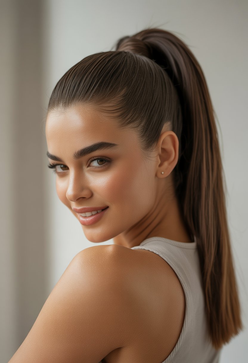 A young woman with a sleek high ponytail smiling against a plain background.