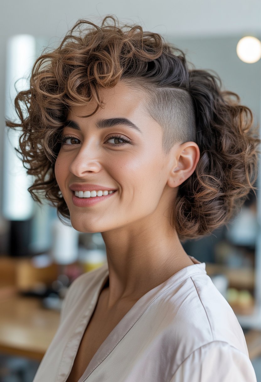 A woman with a curly bob haircut and undercut smiling softly against a neutral background.
