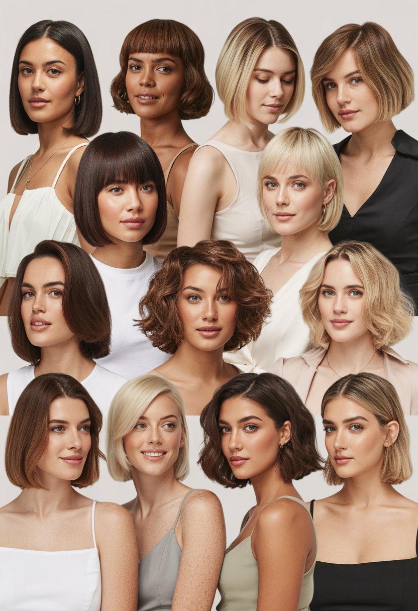 Twelve women with different medium-length haircuts posing together against a plain background.