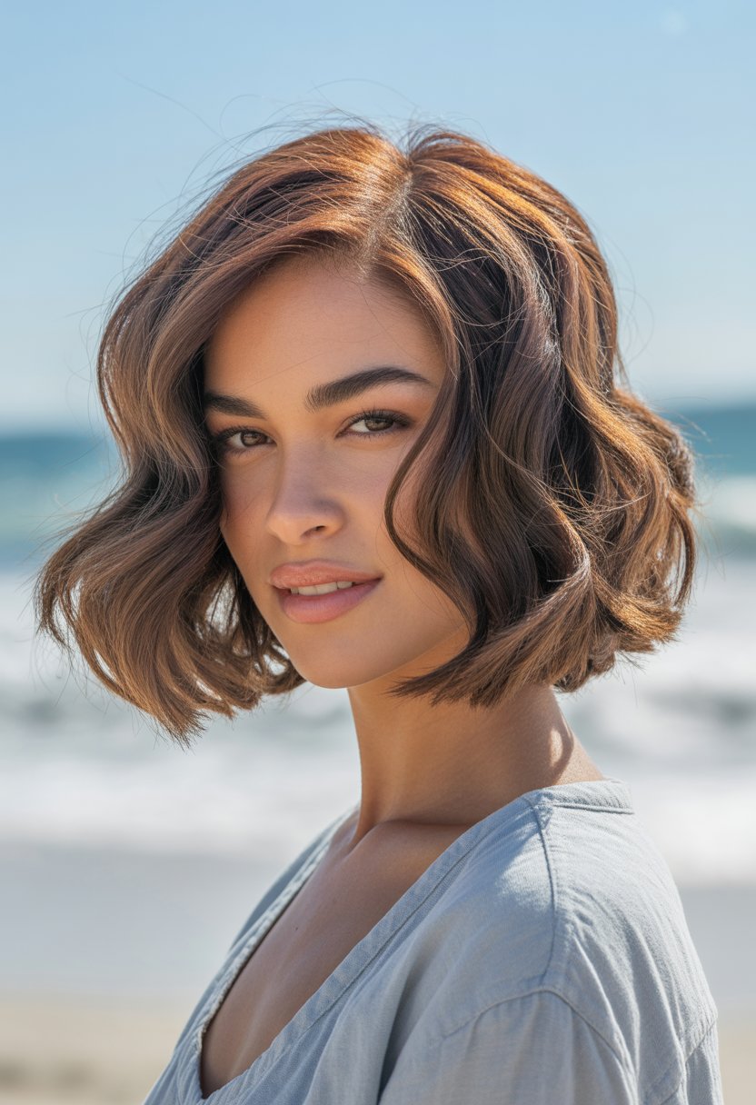 A woman with medium-length wavy hair standing outdoors near a beach.