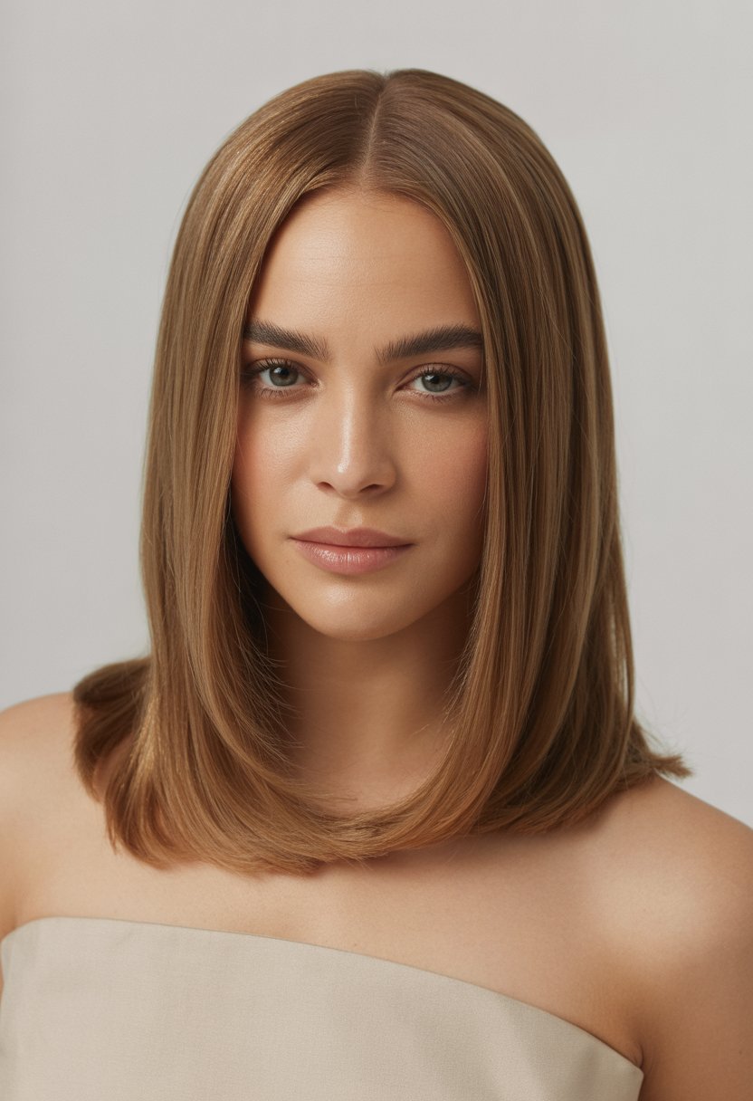 A woman with medium-length straight hair parted in the middle, looking confidently at the camera against a plain background.