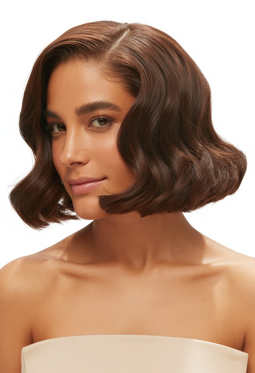 A woman with medium-length wavy hair and a blunt cut, posing against a plain background.