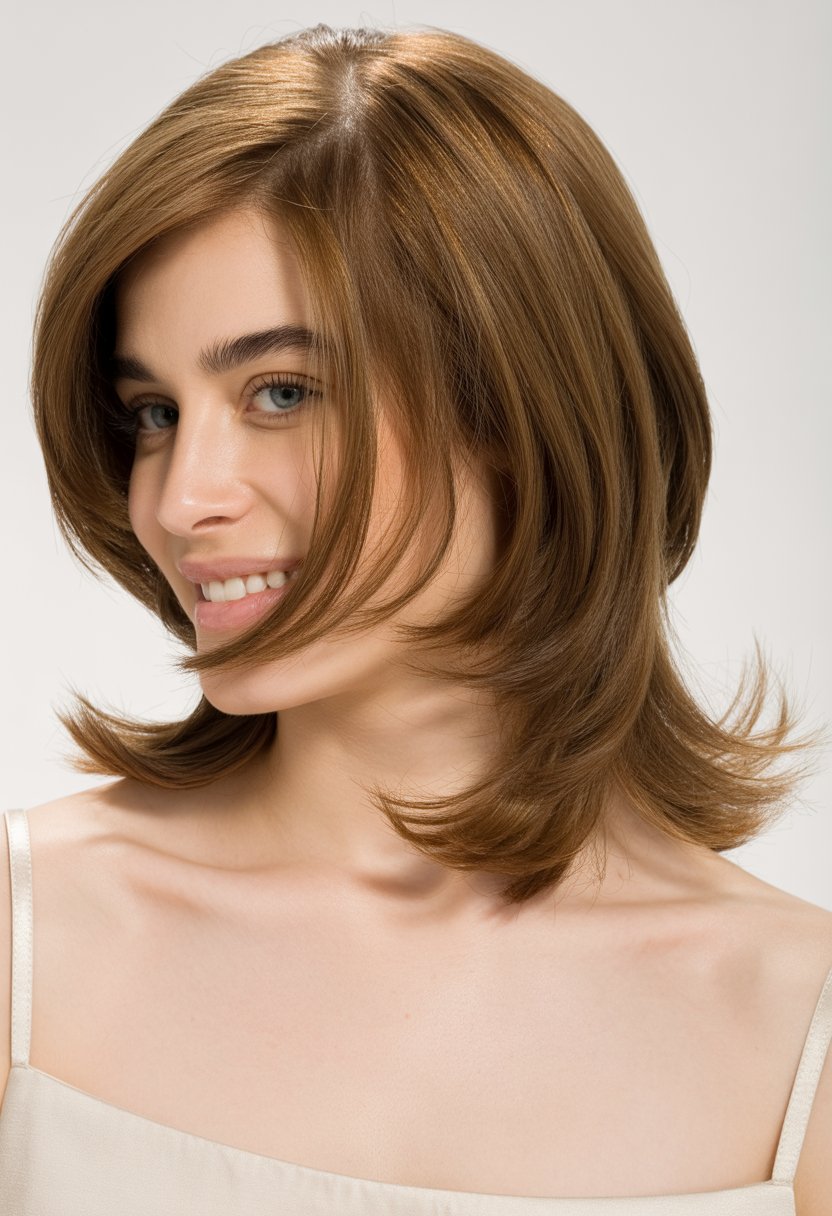 A woman with medium length hair styled with feathered ends, smiling against a plain background.
