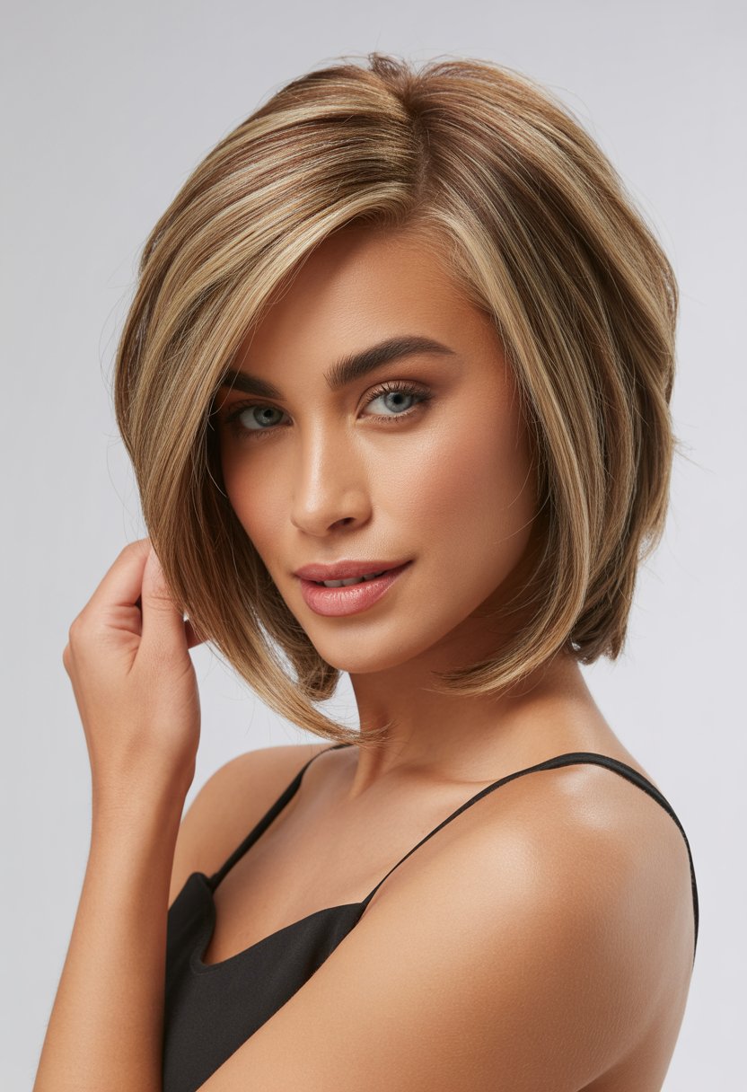 A woman with a medium-length asymmetrical bob haircut posing against a plain background.
