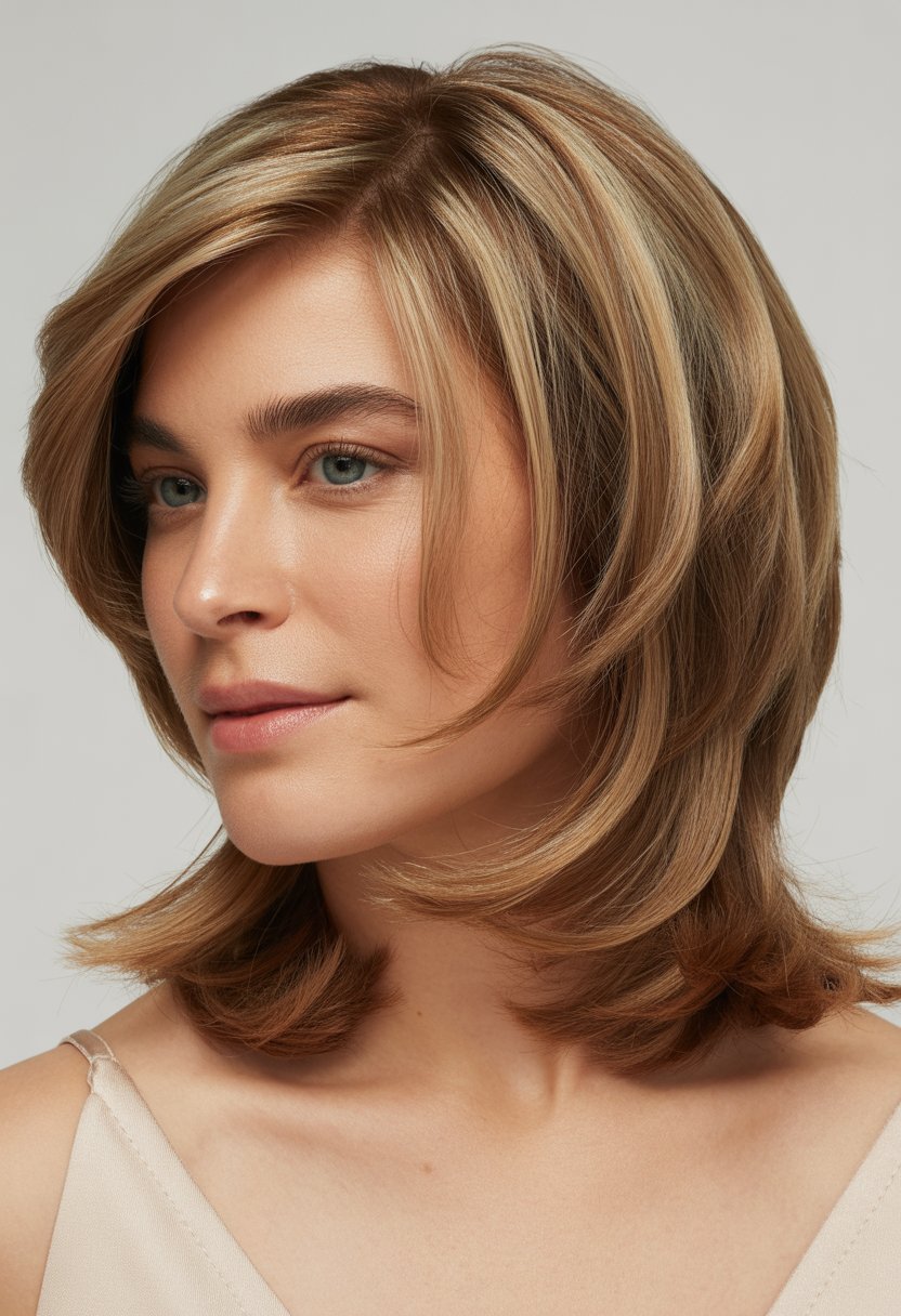 A woman with medium length layered hair and subtle highlights, smiling gently against a plain background.
