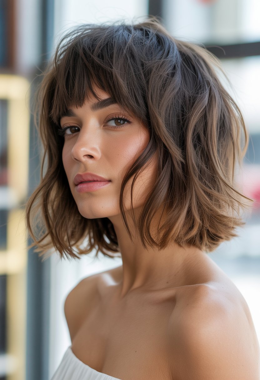 Portrait of a woman with medium-length hair and choppy bangs, looking confidently at the camera.