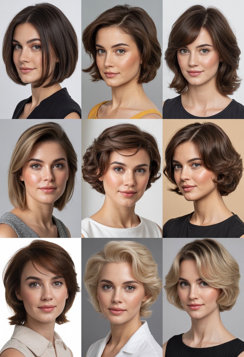 Ten women with round faces showing different medium-length hairstyles in a studio setting.