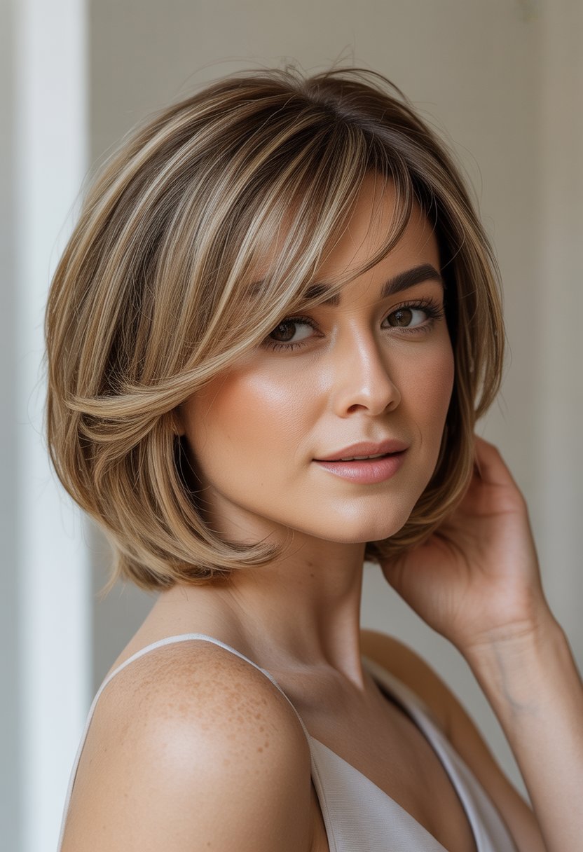 A woman with a medium-length layered bob haircut and side-swept bangs, smiling against a plain background.