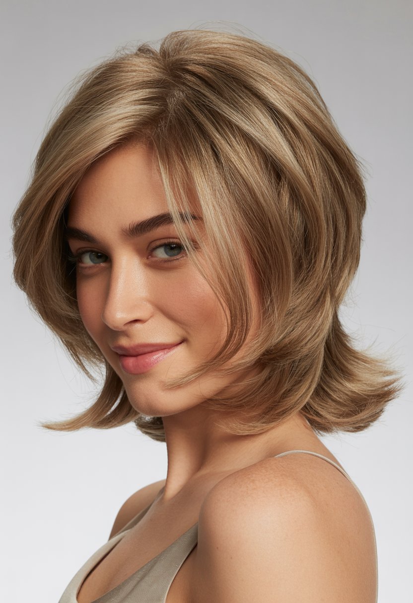 A woman with medium length hair styled in a lob with layers framing her face, smiling gently against a plain background.