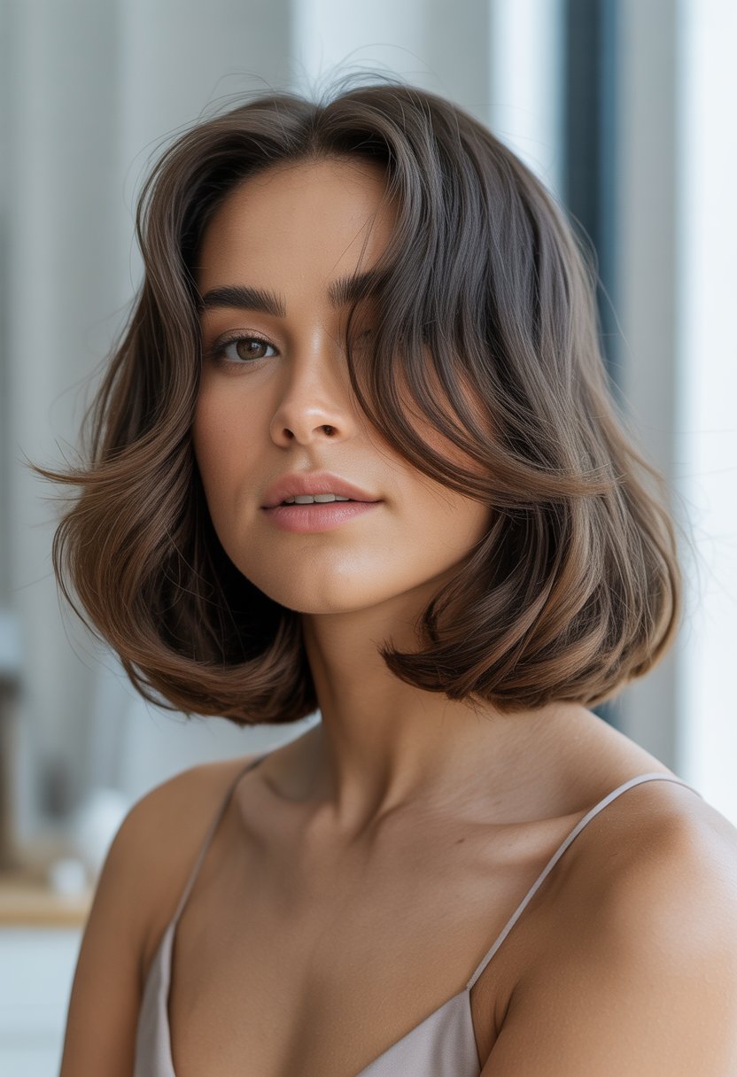 A woman with medium-length hair styled in a blunt cut with subtle waves, posing in a bright studio.