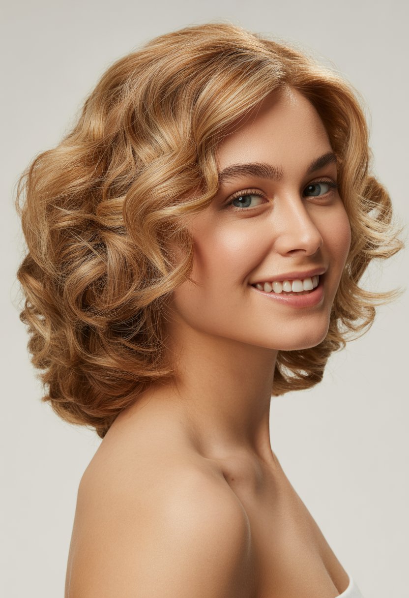 Portrait of a smiling woman with shoulder-length curly hair against a plain background.