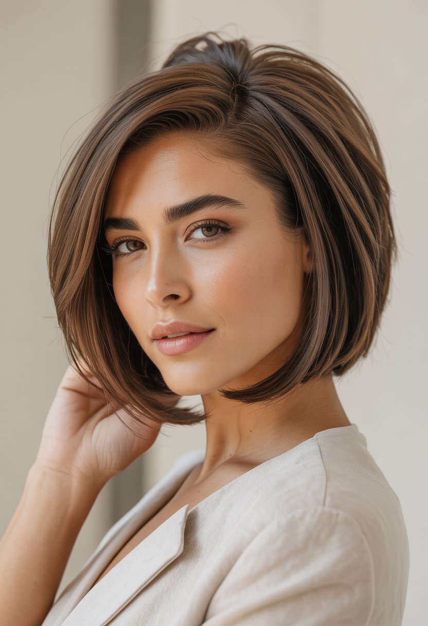 Portrait of a woman with medium-length hair styled in a voluminous asymmetrical bob, smiling against a plain background.