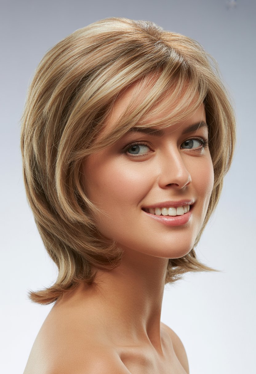 A woman with medium length feathered hair smiling gently against a plain background.