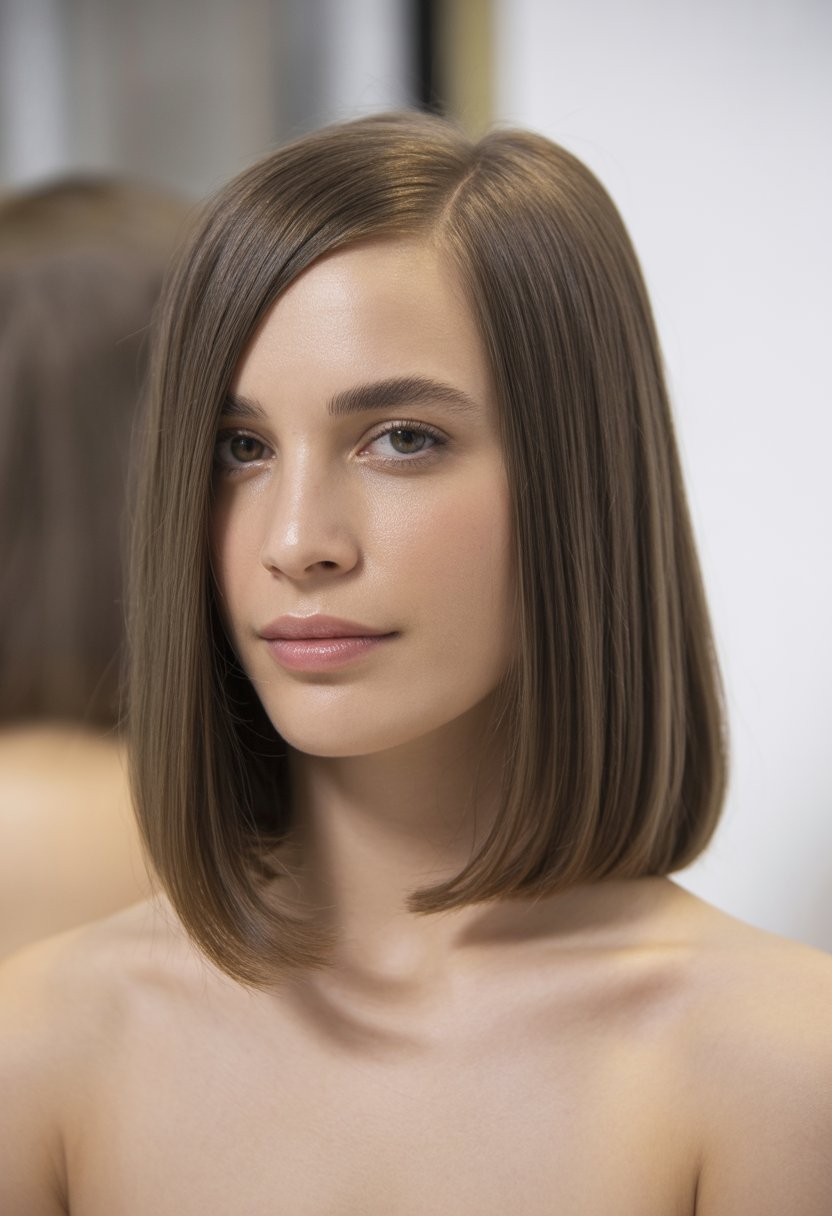A woman with a side-parted straight lob haircut looking confidently at the camera against a neutral background.