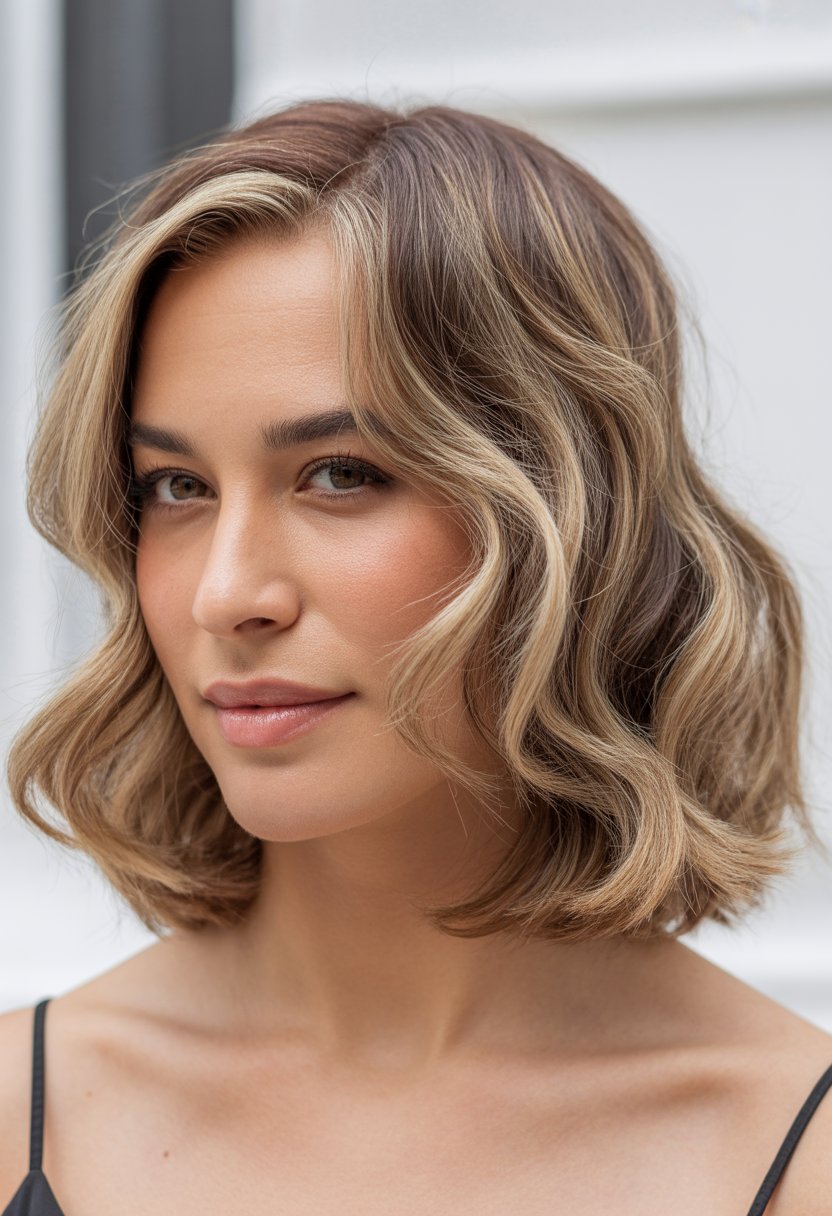 A woman with medium length wavy hair and highlights, smiling gently against a plain background.