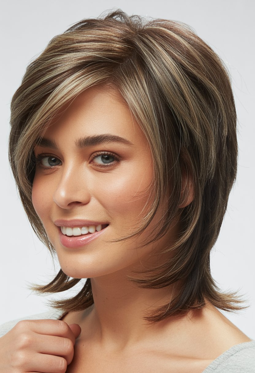 A woman with medium-length layered hair smiling against a neutral background.