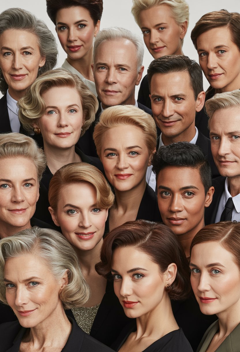 A group of 15 older people with various neat and elegant hairstyles posing against a plain background.
