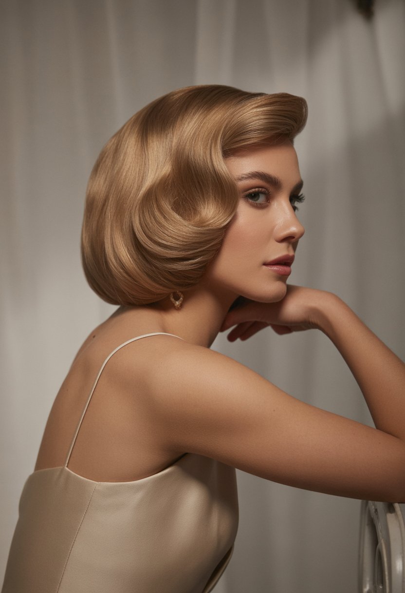 A woman with an elegant updo hairstyle posing against a neutral background.