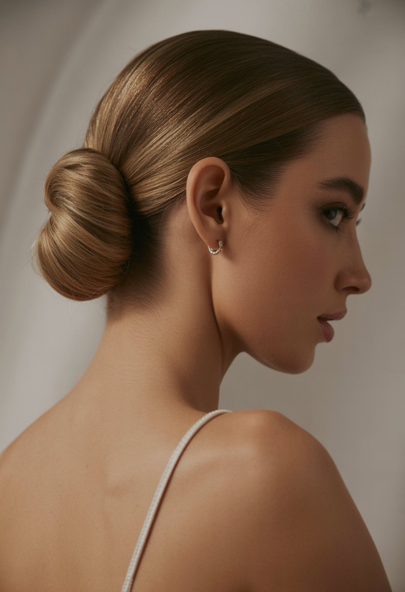 Close-up of a woman with a sleek low bun hairstyle against a neutral background.