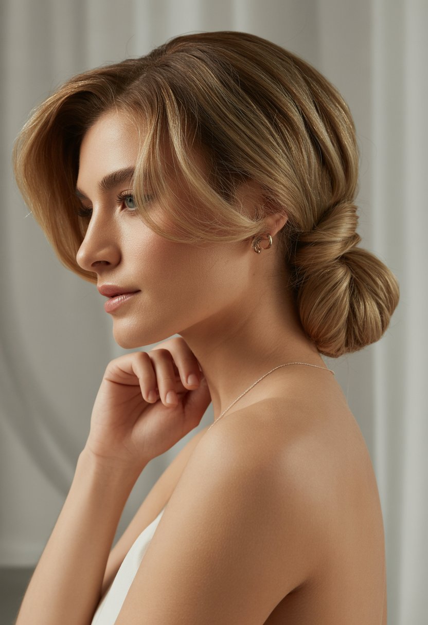 A woman with a neatly styled updo, facing slightly to the side against a plain background.