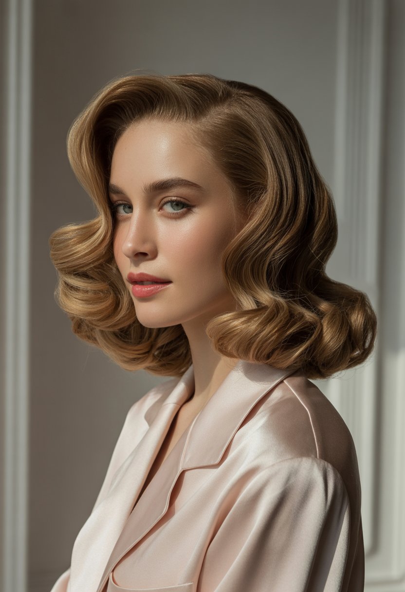 A woman with loose curls styled in a long bob haircut, wearing elegant clothing, posed against a simple background.