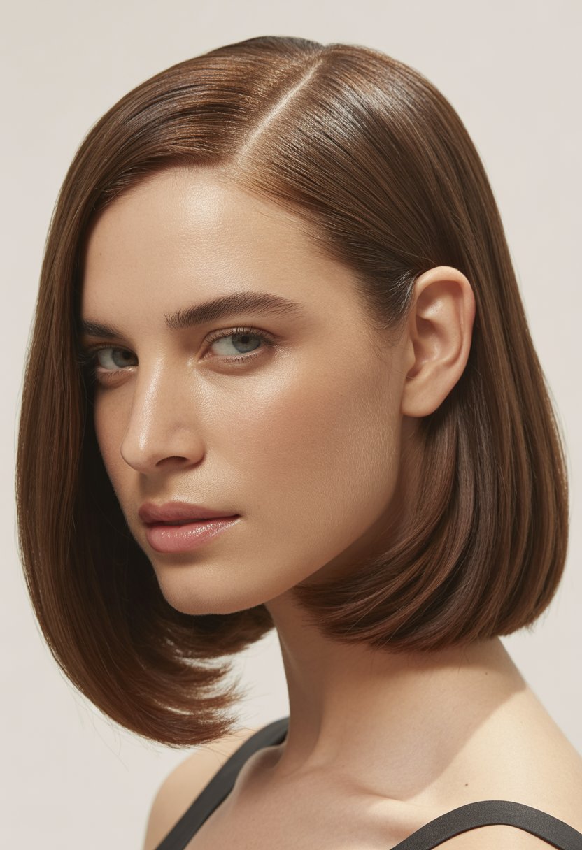 Close-up portrait of a woman with straight hair parted in the center, cut to shoulder length, against a plain background.