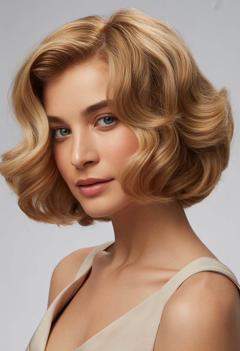 Close-up portrait of a woman with shoulder-length wavy hair against a plain background.