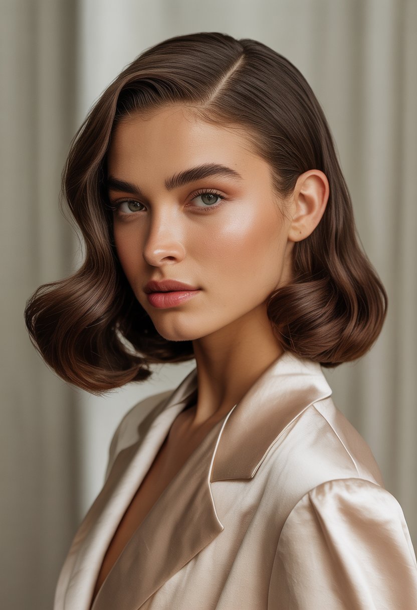 A young woman with a deep side part lob hairstyle wearing a classic outfit, standing against a plain background.