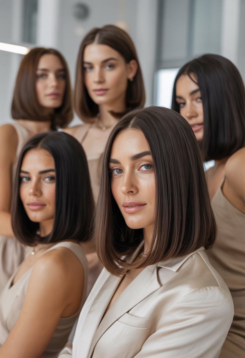 A group of elegant women with straight long bob hairstyles posing in a bright indoor studio.