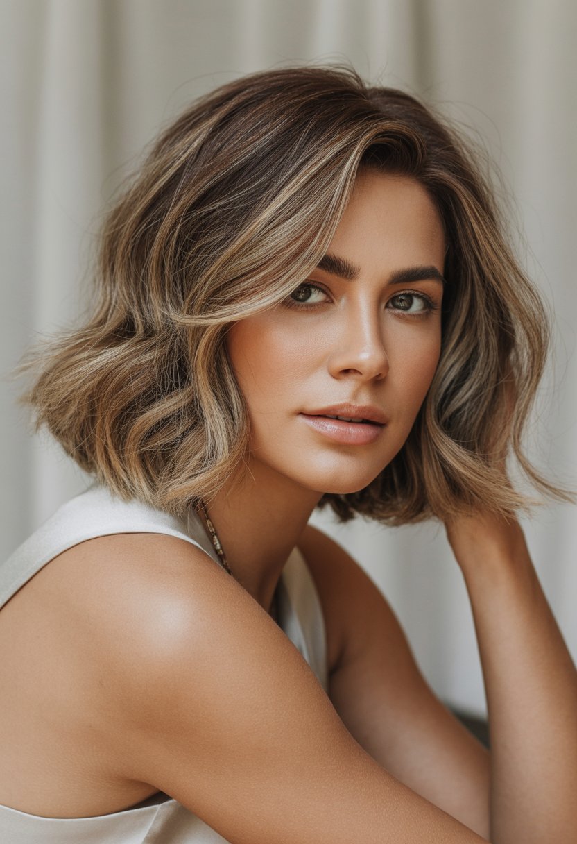 A woman with shoulder-length tousled hair and highlights, looking confidently at the camera against a plain background.