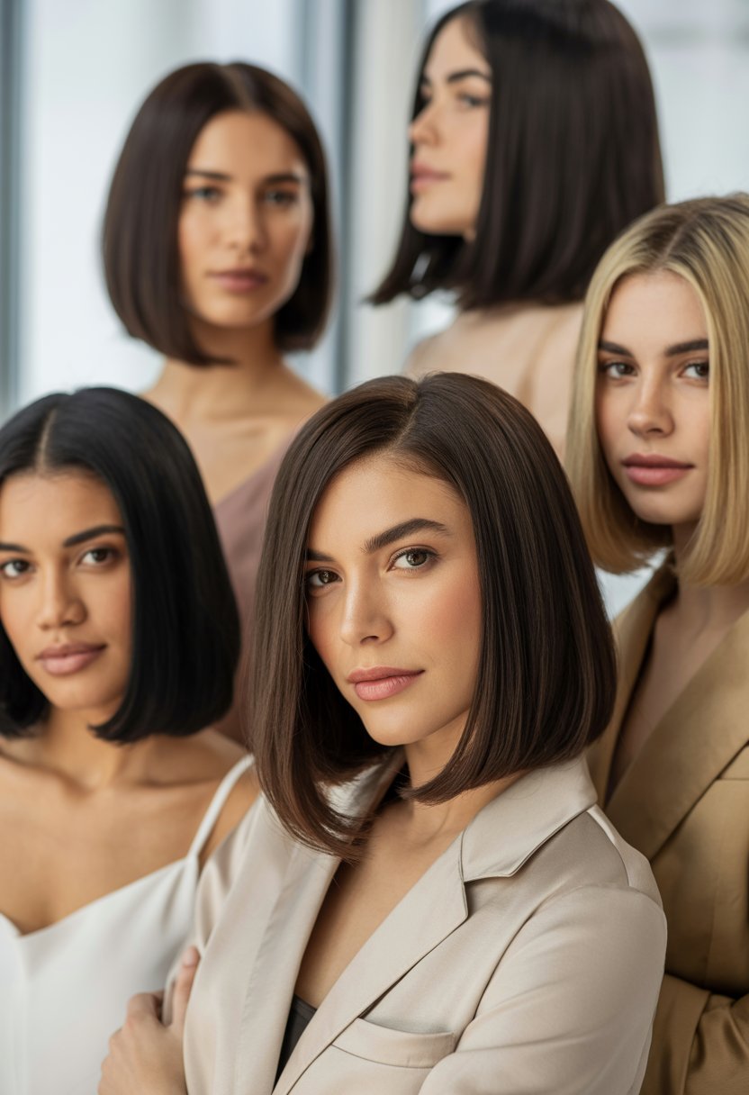 A group of women with shoulder-length blunt cut hairstyles posing confidently in a bright studio.