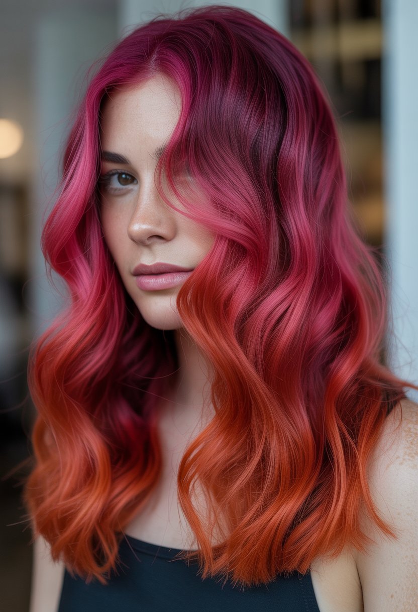 Close-up of a woman with long hair fading from pink to red, styled in loose waves.