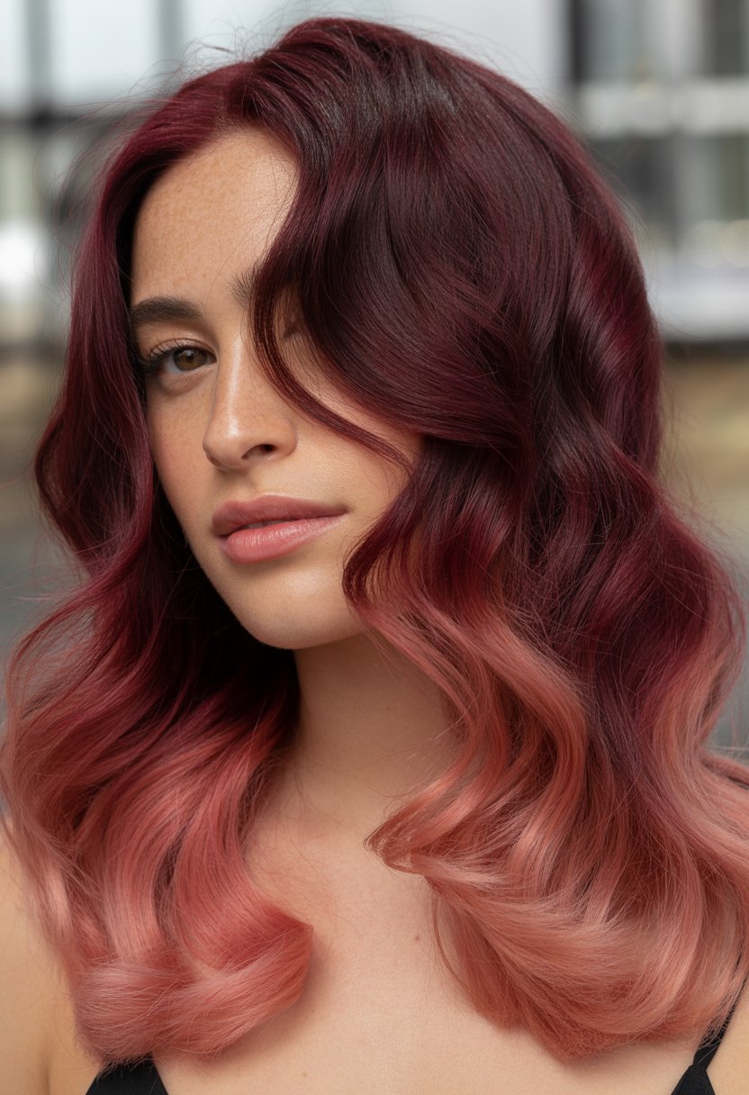 Close-up of a woman with deep burgundy hair fading into rose pink tips, styled in loose waves.