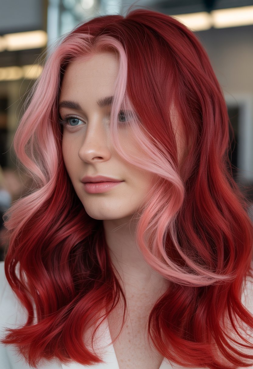 Close-up of a woman with candy apple red hair and soft pink highlights styled in loose waves.