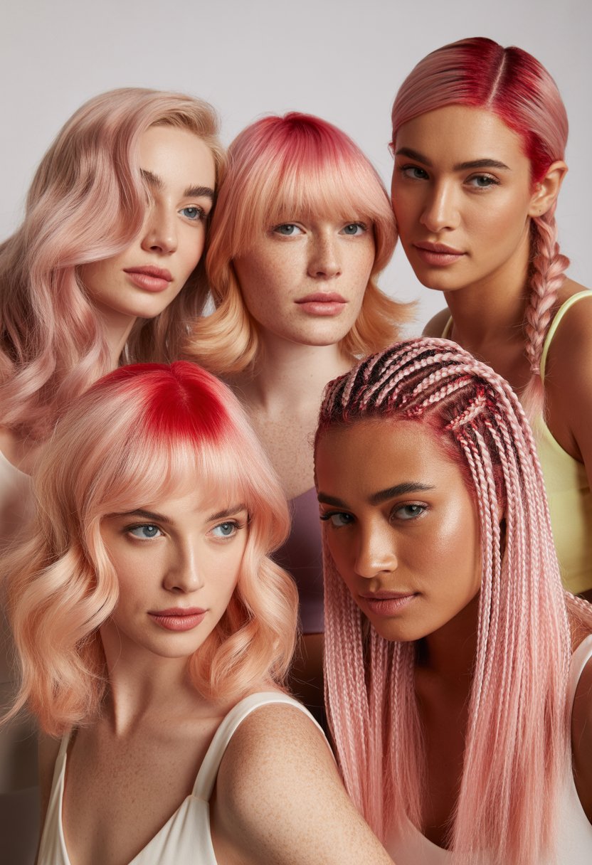 A group of women with pastel pink and vibrant red hair in various stylish hairstyles against a neutral background.