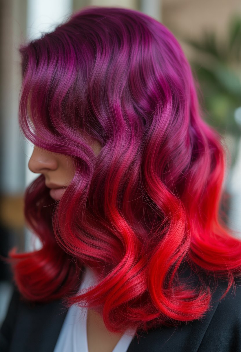 Close-up of a woman's hair with magenta roots blending into bright red ends.