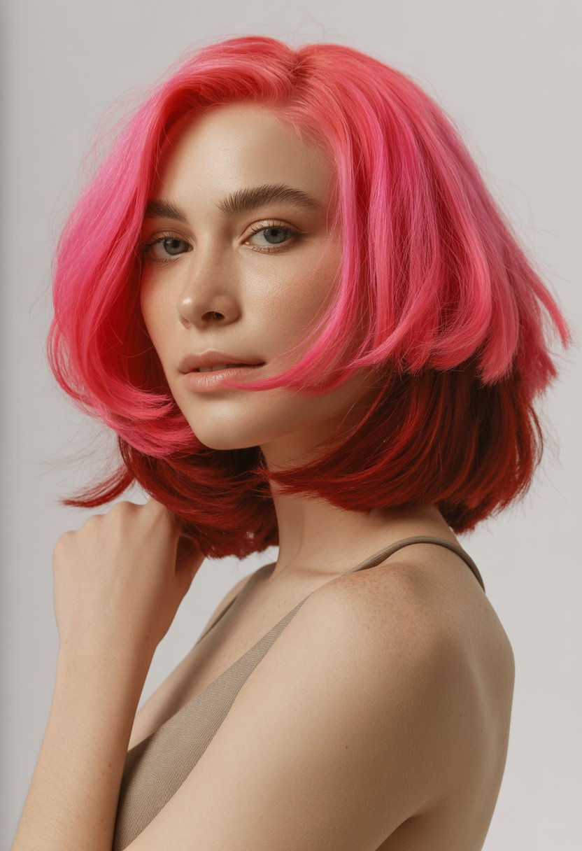 A woman with a bright pink bob haircut and red layered strands, posing against a plain background.