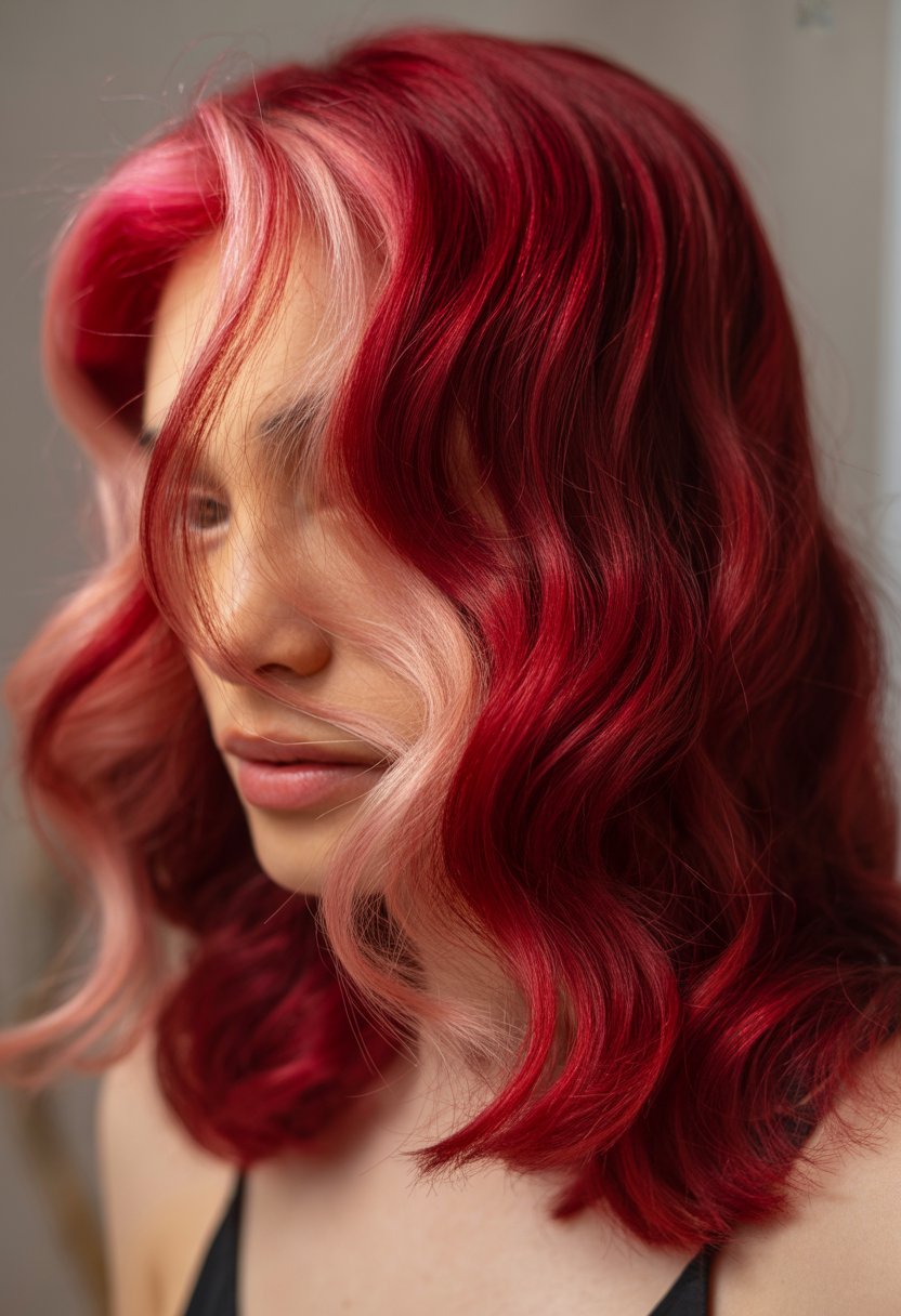 Close-up of a person with wavy hair colored in deep red and light pink streaks.