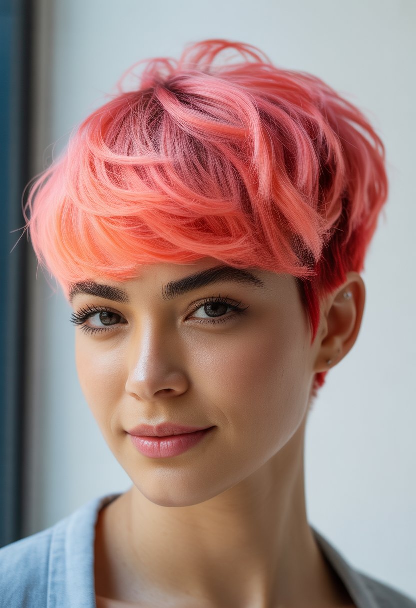 Close-up portrait of a young woman with a neon pink pixie cut and red hair underneath, smiling softly against a blurred background.
