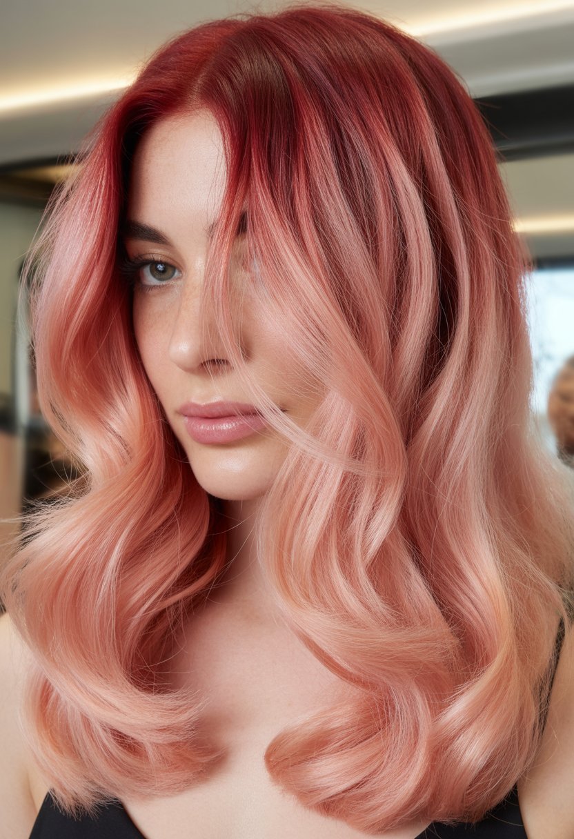 Close-up of a woman with wavy hair blending soft pink and red colors, smiling gently against a blurred background.