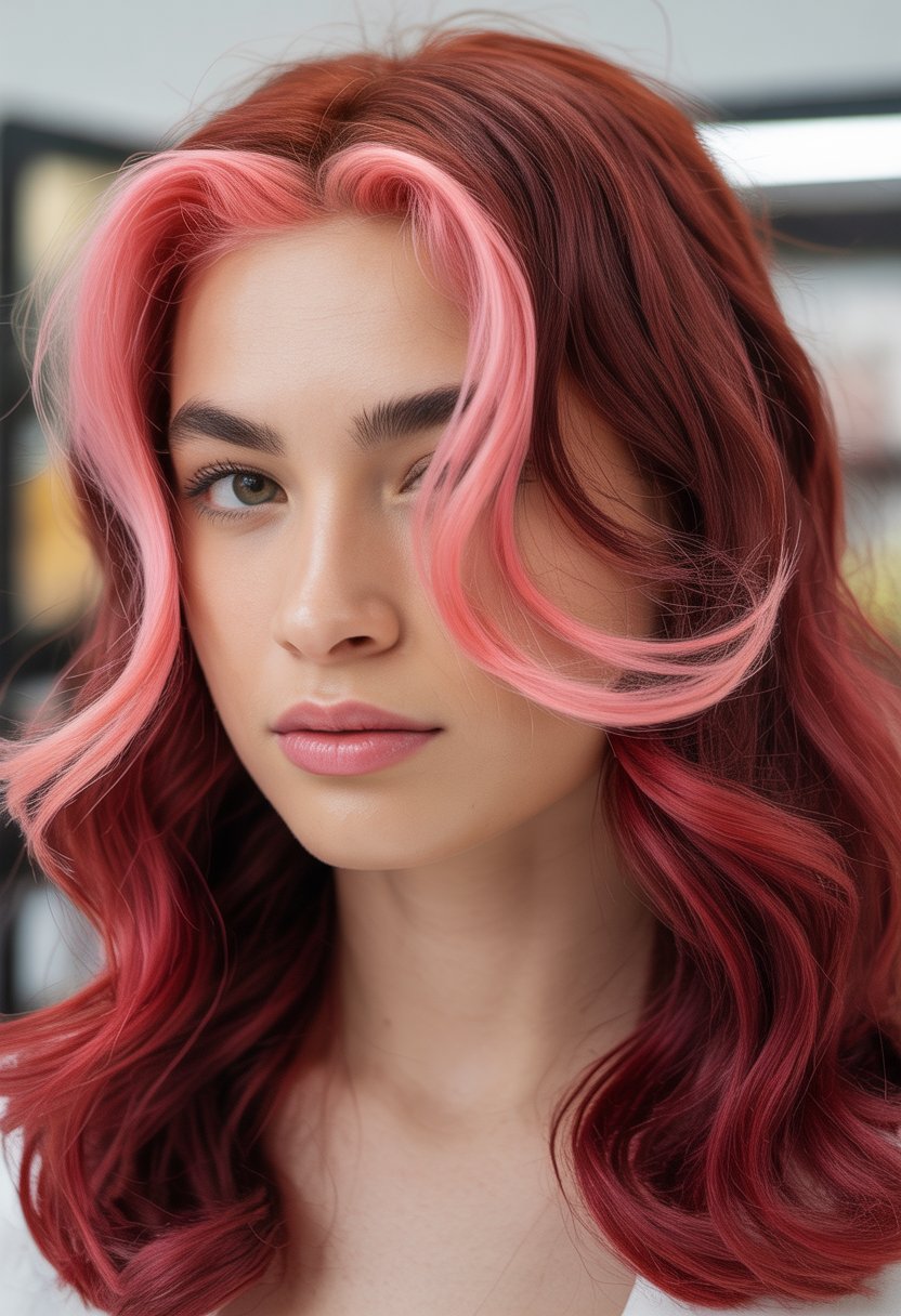 Close-up of a young woman with cherry red hair and bubblegum pink highlights, smiling softly.