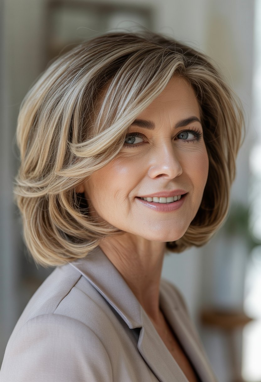 A woman with a chin-length bob haircut smiling in a studio setting.
