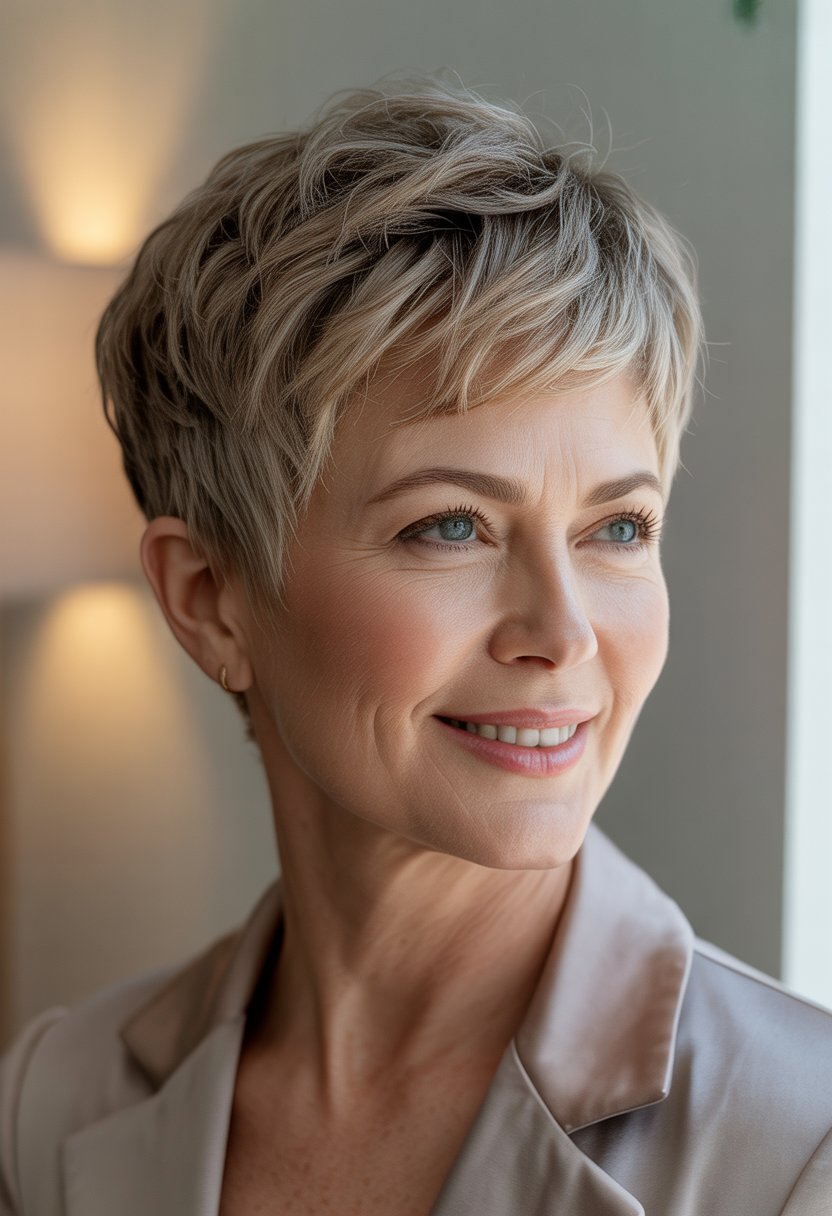 A mature woman with short hair smiling against a neutral background.