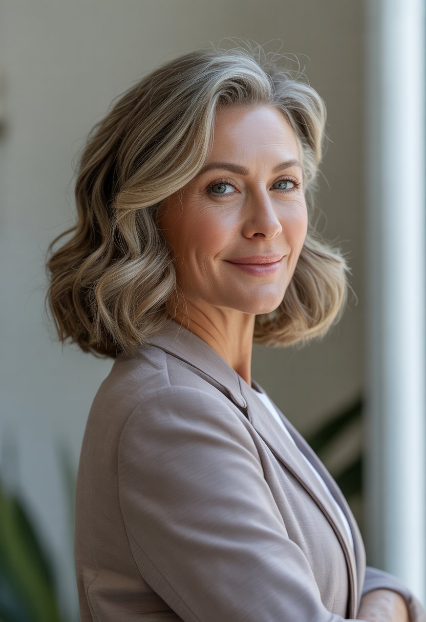 A smiling woman with shoulder-length wavy hair standing against a neutral background.