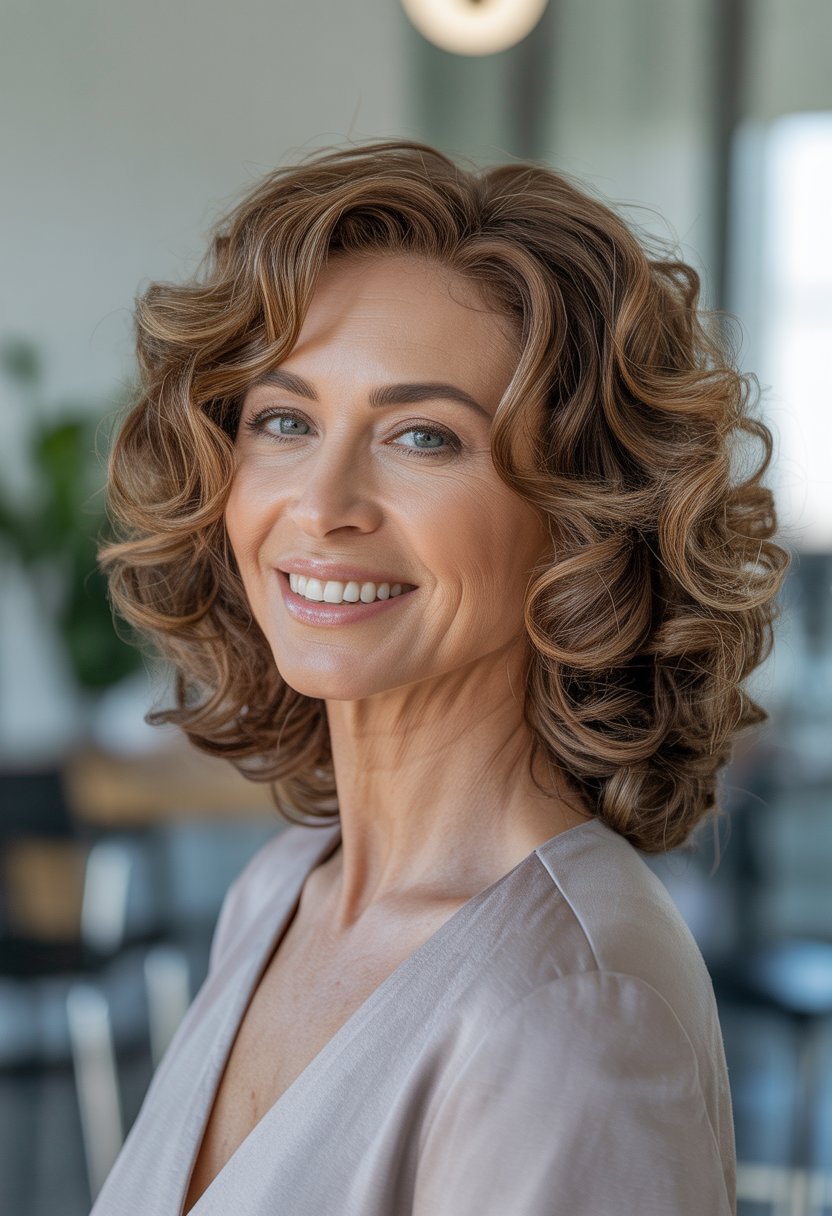 A smiling mature woman with voluminous curly hair and tapered ends in a softly lit indoor setting.